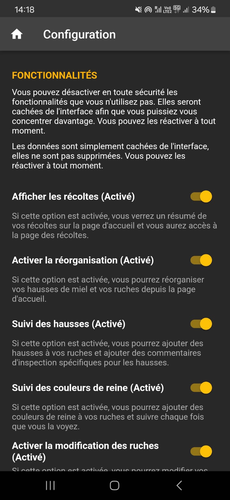 Paramètres, configurations des fonctionnalités